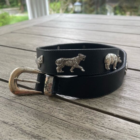 Brighton Honest Accessories - Vintage Brighton Honest Black Leather Belt with Silver Animal Accents Size 30”